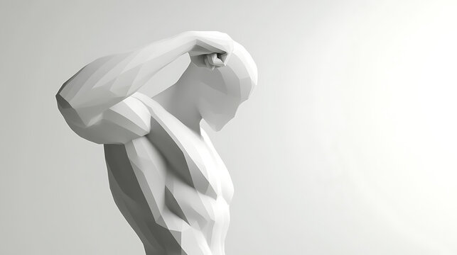 Abstract geometric human form sculpture on a stark white background emphasizing angular musculature, strength and minimalist aesthetic. The low-poly design creates a modern feel.