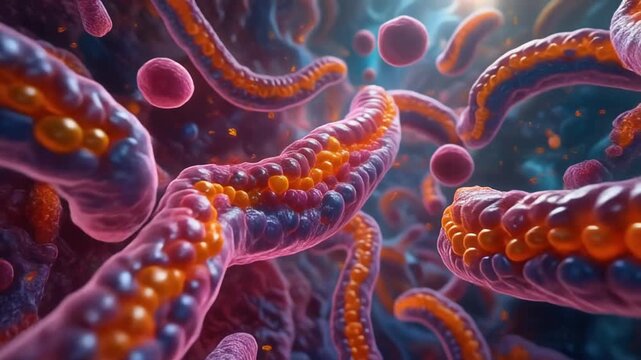 A vibrant 3D visualization of intracellular trafficking showing secretory vesicles budding from Golgi exit sites towards the plasma membrane for cellular transport