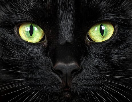Close-up of a black cat's face, focusing on its bright, captivating green eyes
