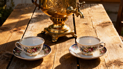Vintage samovar with floral tea cups on rustic wooden table  