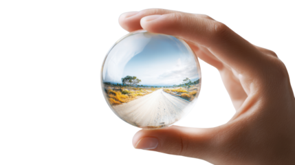 Beautiful landscape viewed through crystal glass ball symbolizing future vision inspiration and reflection concept of creativity and clarity on white background
