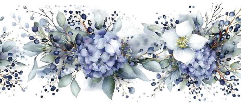 Watercolor floral bouquet illustration set. Hydrangea myosotis rose peony blue white flowers, green leaves branches collection. Wedding invitations, wallpaper, fashion, prints, fashion, templates.