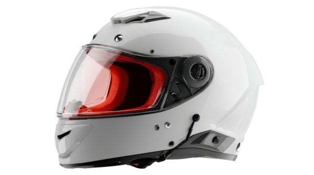 Modern motorcycle helmet with clear visor and red interior representing safety speed and sports protection design technology on white background