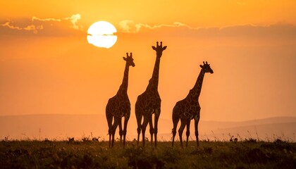 Giraffes silhouetted against a vibrant African sunset, a serene wildlife scene.