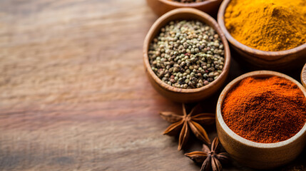 Aromatic spices and herbs for culinary adventures. Vibrant turmeric, paprika, peppercorns, and star anise showcased in rustic wooden bowls on a warm wooden surface.