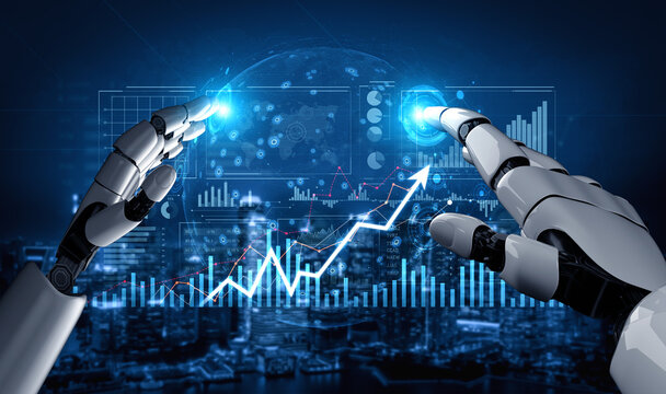Futuristic robotic hands interact with glowing digital graphs and data visualizations, symbolizing growth and innovation in technology and urban development. Scalp - Powered by Adobe