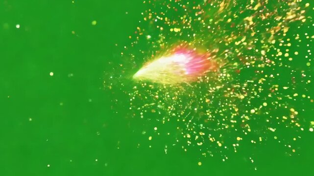 Colorful magic projectile exploding into golden glitter particles on green screen. Fantasy spell impact or festive firework burst effect.