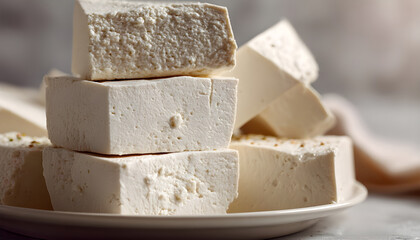 Creamy fresh tofu blocks stacked on plate, soft texture and natural color, healthy vegan food, close up detail