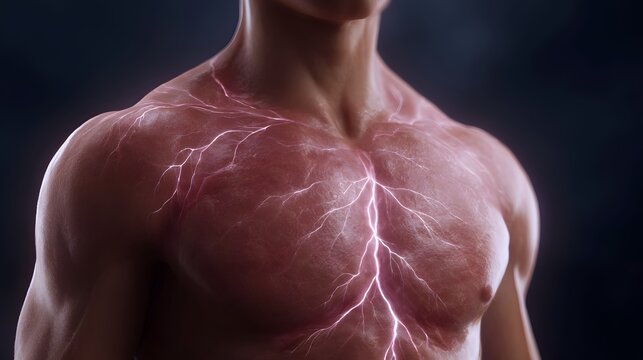 Muscular human torso with glowing red lightning energy patterns pulsing through veins and muscles - Powered by Adobe