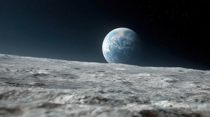 View of the surface of the moon from the perspective of a spacecraft. the sky is dark and filled with stars, and the horizon line is visible in the background.