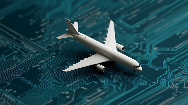 Explore the future of aviation technology with this captivating image of a white aircraft on a blue circuit board, symbolizing the intersection of travel and tech.