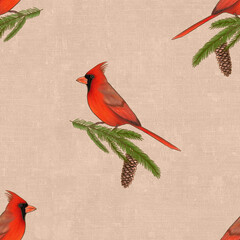 Red Cardinal with Fir Branch Seamless Pattern