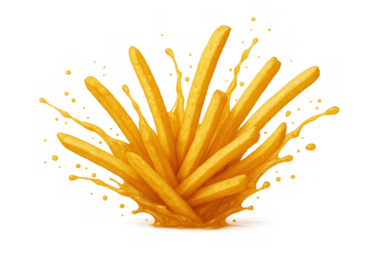 French fries splashing in cheese sauce on a transparent background, fast food snack for menu design