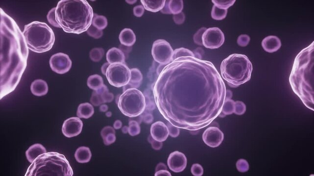 Microscopic view of a floating colony of purple cells, a 3D render illustrating the cellular network providing biological tensile strength throughout