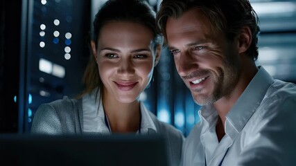 Two professionals collaborating inside modern server room - Powered by Adobe