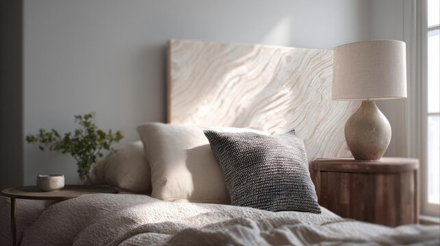 Modern bedroom with a large window on the right side. the window has white curtains and is letting in natural light. on the left side of the bed, there is a wooden nightstand with a lamp on it. - Powered by Adobe