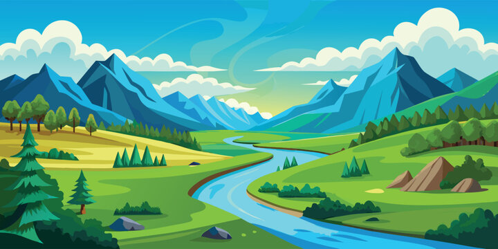 Cartoon landscape vector background with mountains river trees and sky for graphic design art
