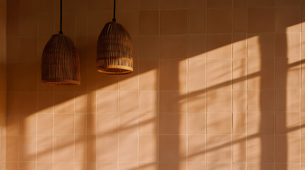 Two wicker lamps hang against a peach-tiled wall illuminated by natural light streaming through a window, casting dynamic shadows and highlighting the warm, neutral tones.