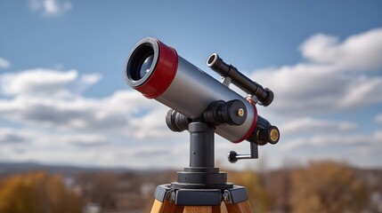 Fototapeta premium A telescope stands on a tr pointed towards the sky with a blurred landscape and clouds in the background