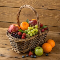 Fresh fruit basket on wooden table with natural light, healthy food concept