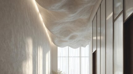 Modern and luxurious interior space with a large window on the right side. the window has white curtains that are billowing in the wind, creating a soft and airy atmosphere.