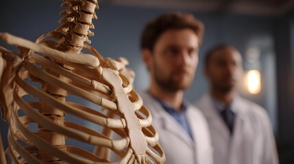 Anatomical skeleton model with blurred medical professionals in a science laboratory setting