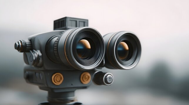 A detailed futuristic optical instrument possibly binoculars mounted for observation in a blurred misty environment