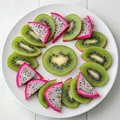 Sliced kiwi and dragon fruit arranged in pattern, top view, tropical fruit background