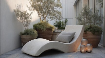 Modern outdoor seating area with a white chaise lounge chair in the center. the chair has a curved backrest and armrests, and is upholstered in a light grey fabric.