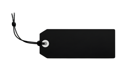 A plain black rectangular tag with a string attached, isolated on transparent background