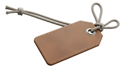 Blank brown leather luggage tag with grey string isolated on transparent background