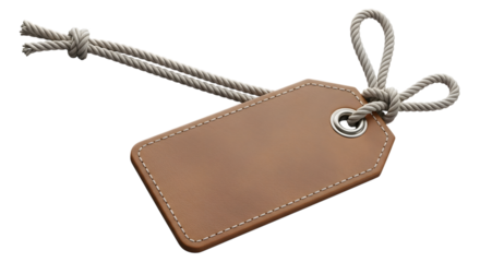 Blank brown leather luggage tag with grey string isolated on transparent background