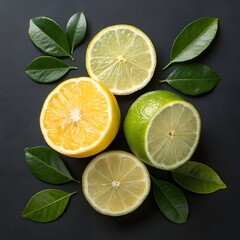 Citrus lemon and lime slices with green leaves, macro close-up, vitamin C healthy food concept