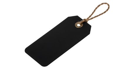 A simple black rectangular tag with a rope loop, isolated on a transparent background