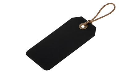 A simple black rectangular tag with a rope loop, isolated on a transparent background