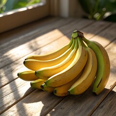 Banana bunch on wooden table with natural sunlight, healthy fruit photography
