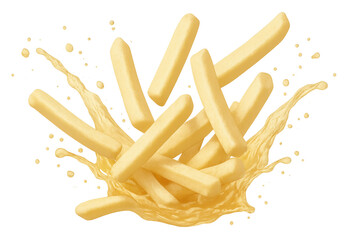 French fries splashing into cheese sauce, showing unhealthy fast food enjoyment and snack culture on transparent background