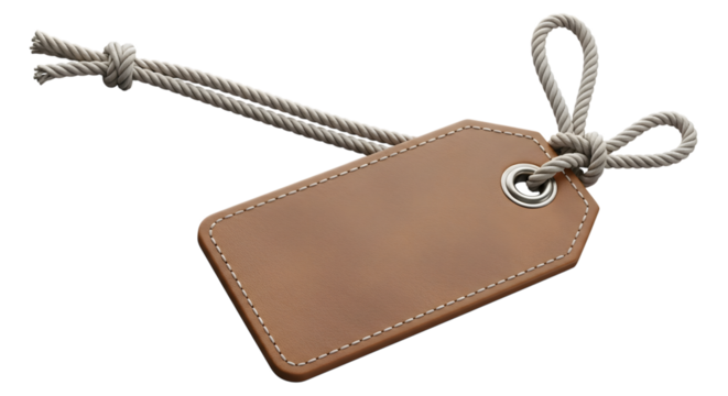 Blank brown leather luggage tag with grey string isolated on transparent background
