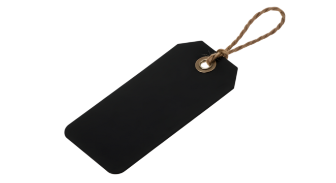 A simple black rectangular tag with a rope loop, isolated on a transparent background