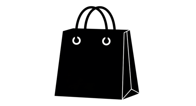 A simple black shopping bag with handles, isolated on a transparent background, representing commerce and retail