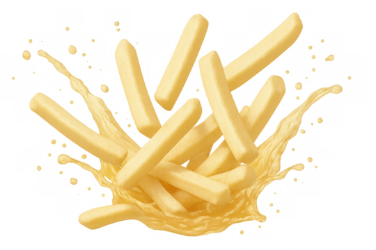 French fries splashing into cheese sauce, showing unhealthy fast food enjoyment and snack culture on transparent background