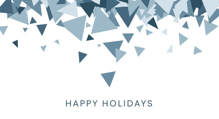 Abstract blue triangle shapes falling downward on a white background with happy holidays text