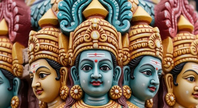 Colorful hindu deity statues with intricate details displayed in temple setting