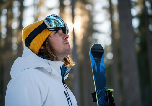 Portrait of a young male skier in a winter forest. Man in a yellow beanie and goggles looking up at the sunlight. Outdoor adventure and winter sports lifestyle.