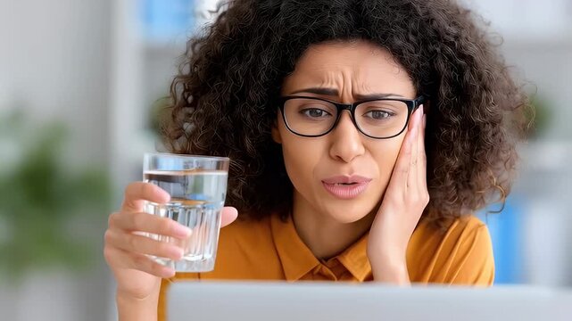 Woman experiencing discomfort holding glass of water indoors