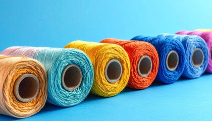 Colorful thread spools with sewing needles on blue surface for editorial textile photography crafting decor and poetic precision-themed visuals