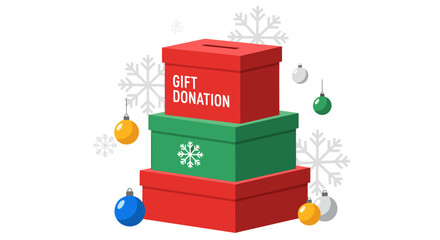 Gift donation boxes stacked, showcasing generosity and community support. Donation boxes, in festive red and green, evoke holiday spirit, perfect for Christmas charitable campaigns.