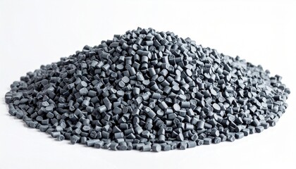 Black plastic granules on white background for editorial industrial photography materials science decor and poetic transformation-themed visuals