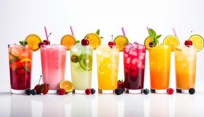 Eight colorful fruit juices or cocktails with garnishes on white surface for editorial beverage photography wellness decor and poetic refreshment-themed visuals