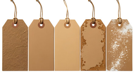 Five blank kraft paper price tags with string hanging in a row, isolated on transparent background